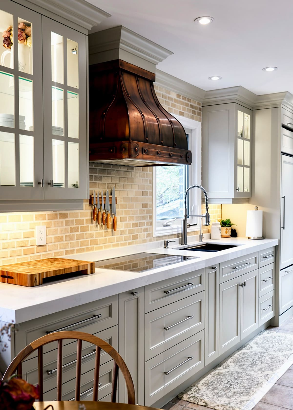 Grey shaker kitchen with a riveted copper hood, lit glass uppers and white quartz