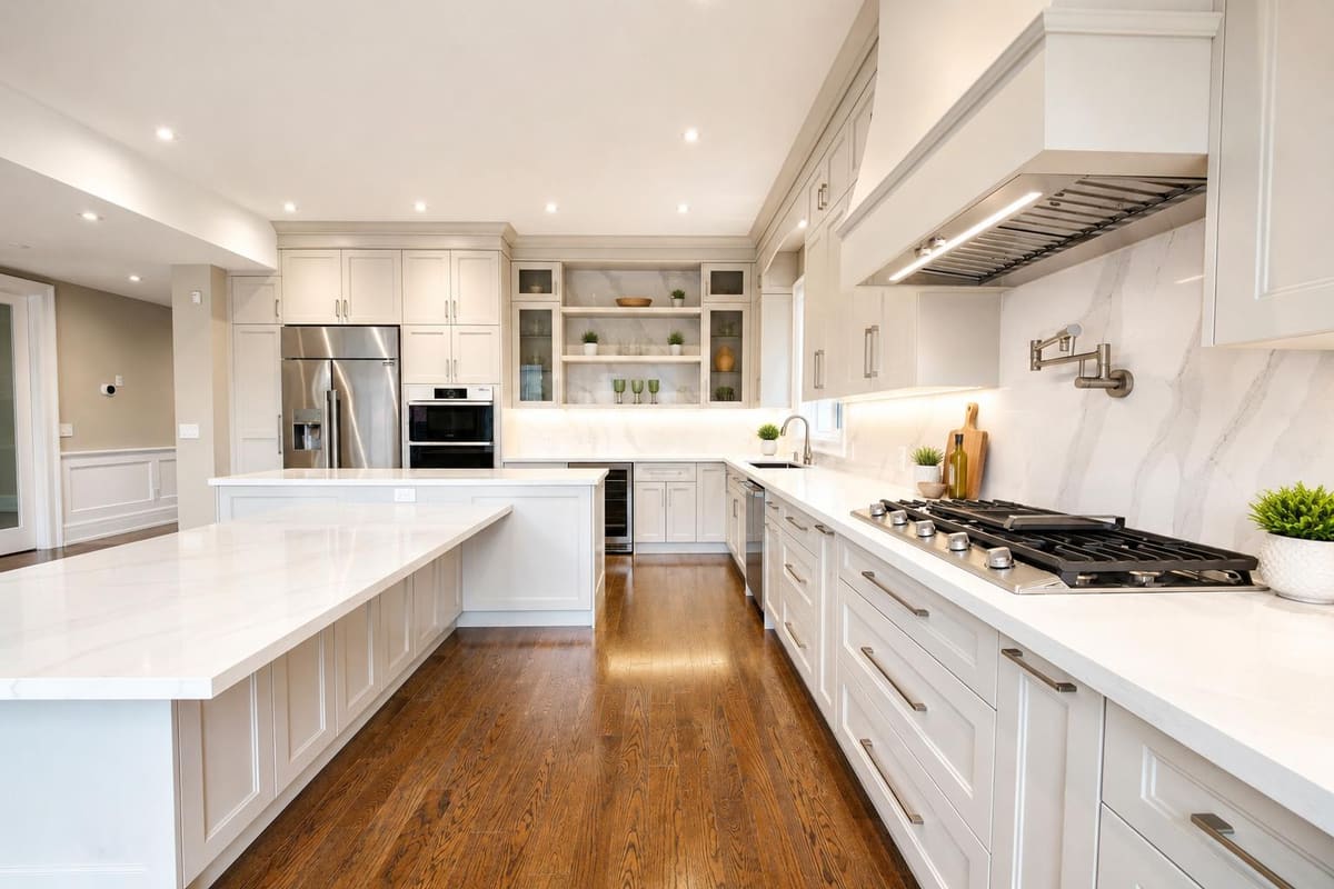 Cream kitchen with a quartz slab backsplash, pot filler and gas cooktop