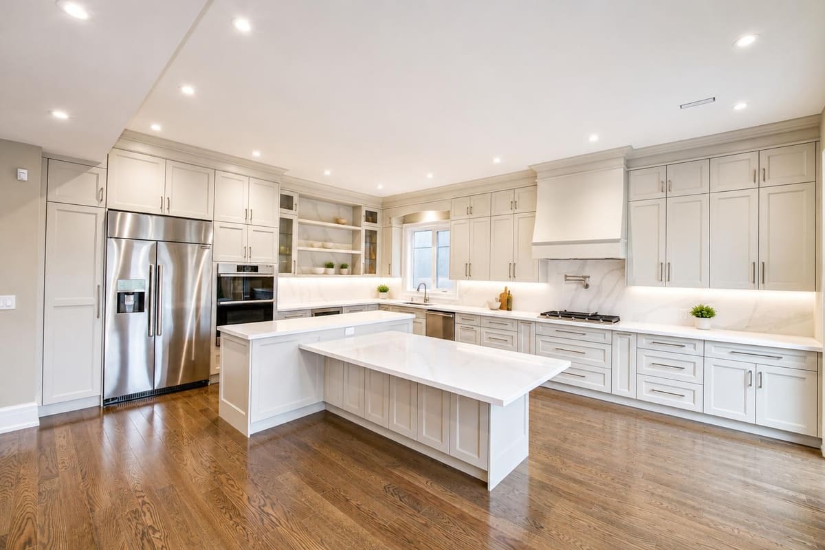 Large cream shaker kitchen with a double-tier island and full-height cabinets