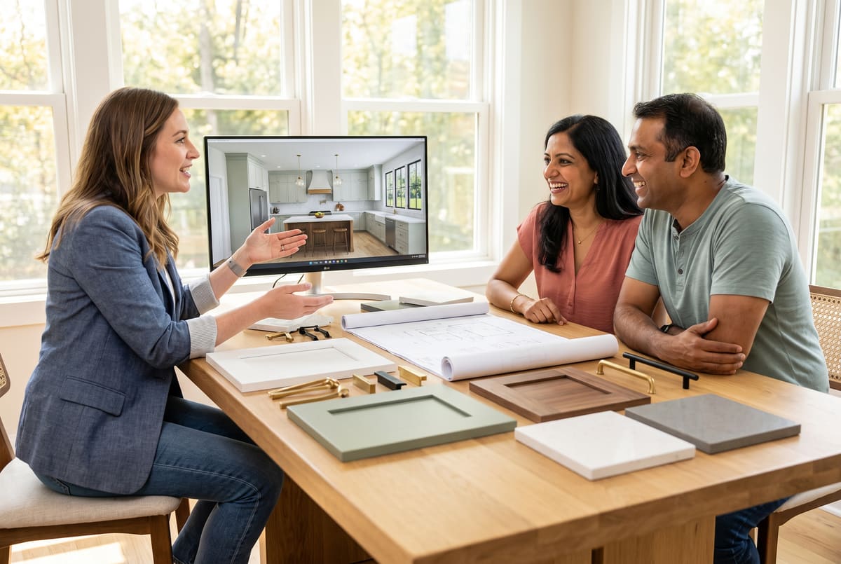 A designer reviewing a kitchen layout and door samples with a couple