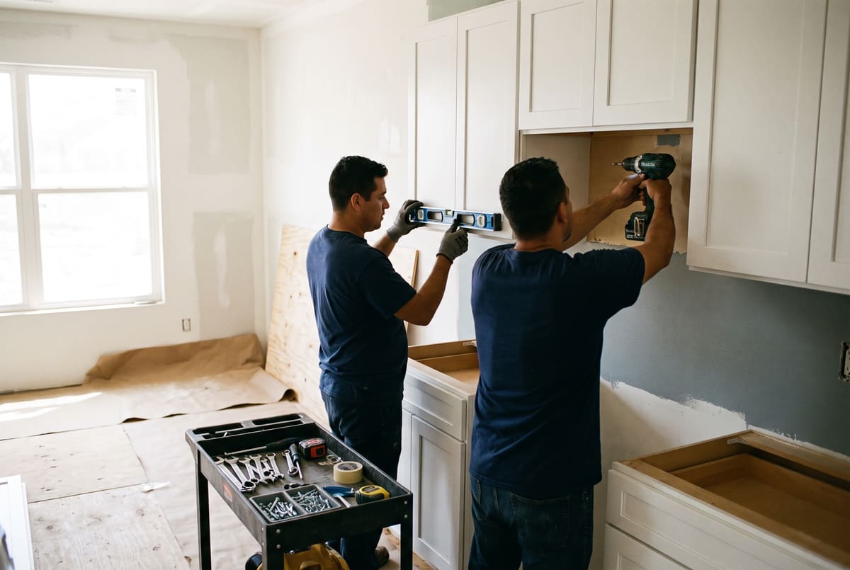 Installers levelling and fastening new upper cabinets