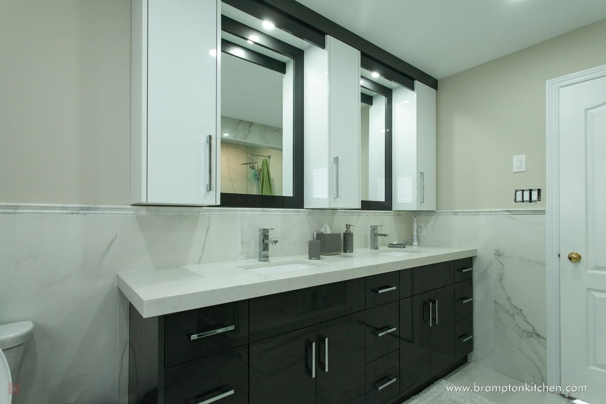 Contemporary bathroom with a black vanity and white mirror cabinets